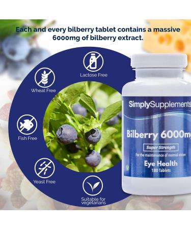 Bilberry Extract Tablets - 6000mg | 180 Tablets | Vegan | Vitamin B2 | Healthy Sight & Vision | UK Made - Buy Online on GoSupps.com