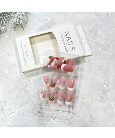 French Tip Press on Nails Short Square Fake Nails Pink Full Cover False Nails with Glitter Designs Rhinestones Acrylic Nails White Tip Gradient Artificial Nails Nail Decorations for Women Girls SquareNails2 - Buy Online on GoSupps.com