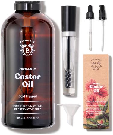 Bionoble Organic Castor Oil 100ml - 100% Pure Natural Cold Pressed - Lashes Eyebrows Body Hair Beard Nails - Vegan and Cruelty Free - Glass Bottle + Pipette + Pump + Mascara Kit Castor + Mascara Kit 100 ml (Pack of 1)