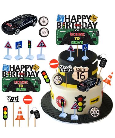 13PCS Driver License Birthday Cake Toppers New Driver Glitter Cake Decoration Driver License Transportation Car Road Signs Theme Party Supplies 16th 17th Learner Driver Birthday Cake Topper