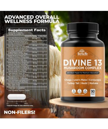HerbaMe Mushroom Extract Complex with Black Pepper Lion's Mane Cordyceps Turkey Tail Chaga Shiitake Maitake Nootropic Brain Supplements for Memory and Focus Immune System Support 90 Capsules - Buy Online on GoSupps.com