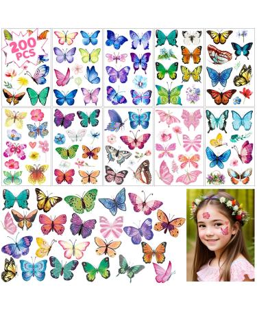 200Pcs Butterfly Tattoos Temporary for Kids/Women  Colorful & Waterproof Butterfly Temporary Stickers for Party Favors/Gifts/Decoration