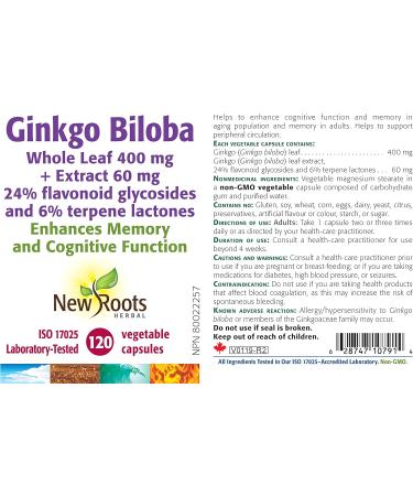 New Roots Herbal - Ginkgo Biloba 120 Capsules - Whole Leaf 400mg and Extract 60mg - Helps to Enhance Cognitive Function and Memory in an Aging Population - Helps to Support Peripheral Circulation 120 count (Pack of 1) - Buy Online on GoSupps.com