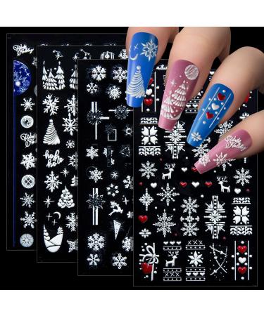 4 Sheets Christmas Nail Art Stickers 5D Embossed Snowflake Nail Decals Self-Adhesive Nail Stickers with Tweezers DIY Christmas Nail Design Decoration for Women Girls Style1