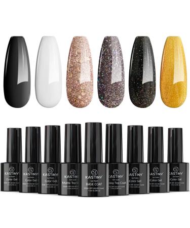 Gel Nail Polish Kit  Kastiny 9Pcs Black White Gold Soak Off Nail Gel Collection with Base  Glossy & Matte Top Coat  Gel Nail Polish Set DIY Manicure Kit for Holiday Birthday Gifts