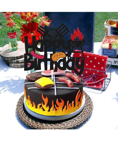 Barbecue Cake Topper for BBQ Sausage Roti Grill Cooking Theme Happy Birthday Cake Decorations Kids Boy Girl Bday Party Handmade Double Side Glitter Black Supplies Decor - Buy Online on GoSupps.com