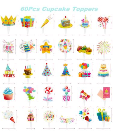 60PCS Colorful Cupcake Toppers 30 Styles Happy Birthday Cake Toppers Cupcake Picks for Boys Girls Party Supplies Decorations - Buy Online on GoSupps.com