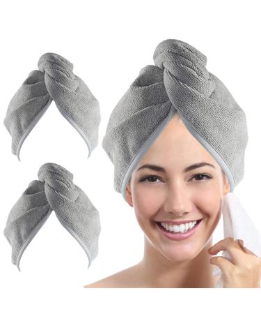 YoulerTex Microfiber Hair Towel Wrap for Women 2 Pack 10 inch X 26 inch Super Absorbent Quick Dry Hair Turban for Drying Curly Long Thick Hair (Gray)