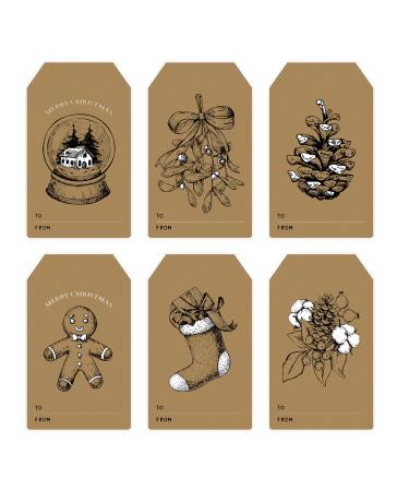 Easykart 300 Natural Kraft Tag Stickers in Sheets , 6 Assortment Christmas Theme Designs , 2 x 1.25" Inch Size Perfect for Christmas Decoration and Gifting ( 1 Pack ) Christmas Kraft Stickers
