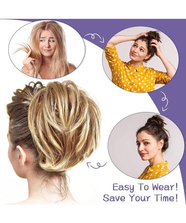Honey Blonde Mix Bleach Blonde Messy Hair Bun Straight Hairpiece for Women - 4 Pcs Tousled Updo Hair Extensions with Short Ponytail Scrunchies - Buy Online on GoSupps.com