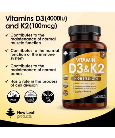 Vitamin D3 K2 - 4000iu & 100ug (MK7) 1 Year Supply for Immunity & Bone Health | Non-GMO Vegetarian Tablets | UK Made by New Leaf 365 - Buy Online on GoSupps.com