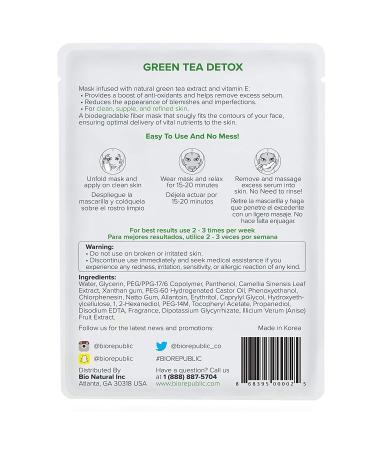 BioRepublic Green Tea Detox Mask - Purifying Fiber Beauty Sheet (1 Count, 0.63 oz) - Buy Online on GoSupps.com