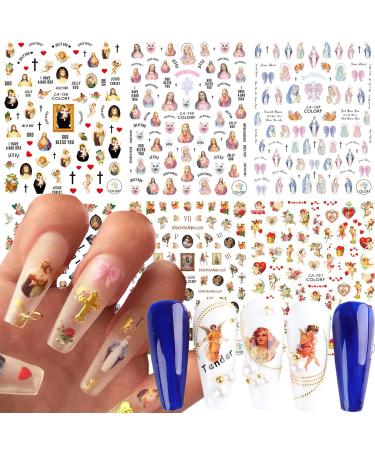 God Jesus Nail Art Stickers  Angel Christ Virgin Maria Love Cupid Flowers Nail Art Decals  Holographic 3D Angel Self-Adhesive Nail Sticker Design for Women Girls Manicure Charms Decorations