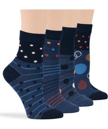 Women's Cotton Diabetic Quarter Socks 4 Pack - Fashionable Polka Dot & Stripe - Size 10-12 Shoe Size 8-12 - Dark Navy Indigo Blue Orange - Buy Online on GoSupps.com