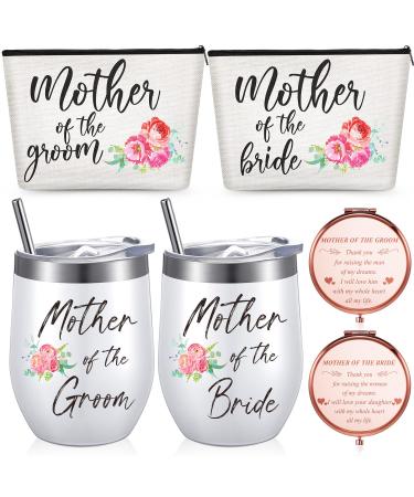 6 Pcs Wedding Gift Kit  Mother of Bride and Groom Coffee Mugs 12 oz Stainless Steel Tumblers Canvas Makeup Cosmetic Bags Rose Gold Compact Travel Mirror for Wedding Bridal Shower Engagement Party
