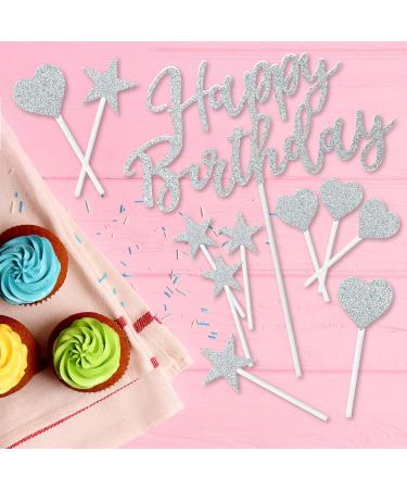 11 Pcs Happy Birthday Cake Topper Birthday Cake Toppers Cupcake Toppers Glitter Star Cake Decorations for Women Man Birthday Party Anniversary Wedding Kids (Silver) - Buy Online on GoSupps.com
