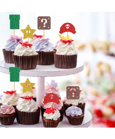 MonMon & Craft Mario Cupcake Toppers - Girls Boys Children Birthday Cupcake Toppers - Video Game Dessert Decor - Baby Shower Birthday Party Decorations Glitter - 24 Pcs - Buy Online on GoSupps.com
