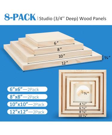 Unfinished Birch Wood Canvas Panels Kit - Falling in Art 8 Pack - 4 Sizes - Studio 3/4 Deep Cradle Boards for Pouring Art, Crafts, Painting - 6x6, 8x8, 10x10, 12x12 - 2-Pack - Buy Online on GoSupps.com