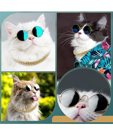 Gold Cat Dog Chain Collar & Sunglasses Set | Rhinestone Cuban Collar Chain | Retro Round Glasses for Pets | Cosplay Party Costume Props (12 Inch) - Buy Online on GoSupps.com