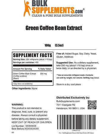BulkSupplements Green Coffee Bean Extract Powder for Weight Loss - 100g/3.5oz - Green Coffee Supplement for Healthy Weight Management - Buy Online on GoSupps.com