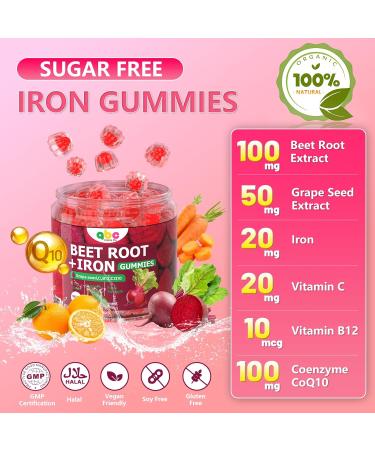Beet Root Gummies 100mg Red Beet Chewables with Grape Seed, CoQ10, Vitamin C, Iron & B12 Supports Energy Metabolism & Healthy Circulation Sugar Free Supplement for Women & Men, 120 Count - Buy Online on GoSupps.com