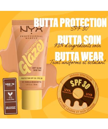 NYX Professional Makeup - Fond de Teint Hydratant SPF30 - Tenue Longue Dur e Jusqu' 12h - 93% d'Ingr dients Soin - Formule Vegan - Buttermelt Glaze Tint - Teinte : Vanilla Bean Butta - 30ml - Buy Online on GoSupps.com