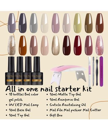 Clou Beaute 27PCS Gel Nail Polish Set with UV LED Lamp - 18 Colors Soak Off Gel Polish Starter Kit - Matte Reinforce Gel Varnish Gift Box - S22-02 CB-S22-02 - Buy Online on GoSupps.com