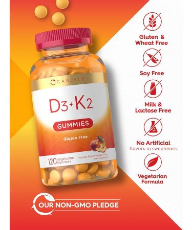 Carlyle D3 K2 Gummies 120 Count with Calcium | Vegetarian Non-GMO and Gluten Free Supplement - Buy Online on GoSupps.com
