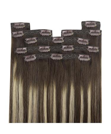 Youngsee Real Hair Extensions - Ombre Clip-In Balayage - Dark Brown to Ash Blonde - 35cm Human Hair - 120g (7 PCS) #4/18/4 - Buy Online on GoSupps.com