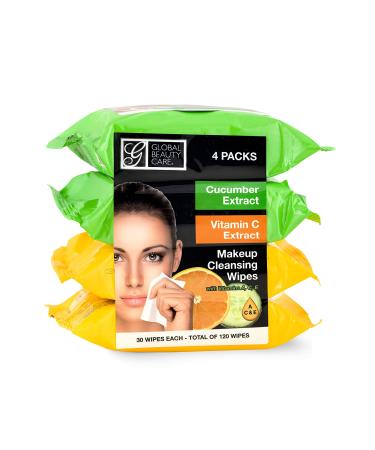 Global Beauty Care Cleansing Makeup Removal Wipes Bulk - Great for travel toiletries - 120 Count (4-Pack) (Cucumber & Vitamin C)