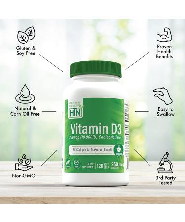 Health Thru Nutrition Vitamin D3 10,000 IU Non GMO 120 Mini Softgels - Soy Free USP Grade Natural D3 Supplement - Buy Online on GoSupps.com