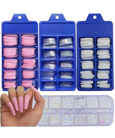AddFavor Fake Nail Tips Long Coffin Press on Nails 3 Boxes Clear White Pink Full Cover Ballerina Acrylic False Nail Tips with Decoration Glitter for Women Girls Nail Art Manicure Mixed color 1