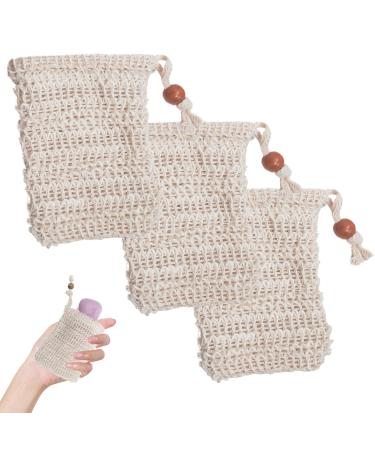 Soap Bags for Soap Bars 3Pcs Soap Savers for Bar Soap Natural Sisal Fiber Soap Bag for Foaming and Drying The Soap Bars Beige Bar Soap Pouch for Massage Peeling (3)