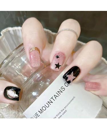 Oval short artificial nails French press on nails mrcuvaryas French press on nails short square soft gel nail tips full cover nagel tip (pink stars)