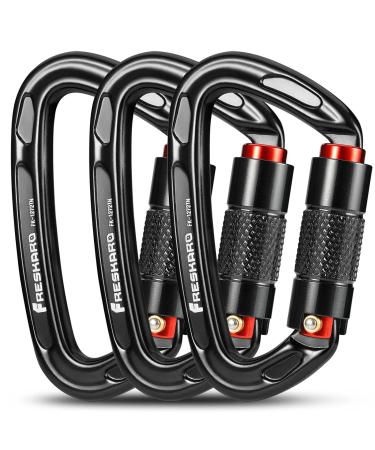 FresKaro UIAA Certified 25KN Auto Locking Climbing Carabiner Clips, Twist Lock, and Heavy Duty Carabiners for Rock Climbing, Rappelling, and Mountaineering, D Shaped 3.93 Inch, Large Size, Black 3PCS-25KNA