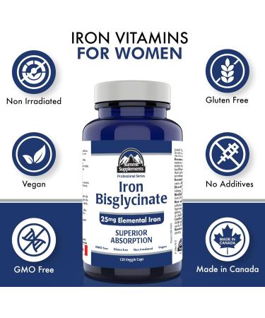 Iron Bisglycinate Supplement for Pregnancy 120 Caps - 25mg Elemental Iron Deficiency Supplement - 3rd Party Tested - Formulated & Made in Canada - Buy Online on GoSupps.com