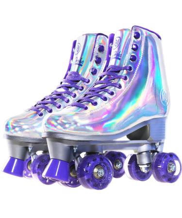 JajaHoho Roller Skates for Women, Holographic High Top PU Leather Rollerskates, Shiny Double-Row Four Wheels Quad Skates for Girls and Age 8-50 Indoor Outdoor SILVER US 9