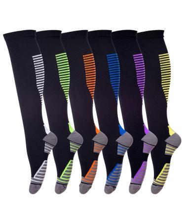 Compression Socks for Men & Women (6Pair) Non-Slip Long Tube Ideal for Running Nursing Circulation & Recovery Boost Stamina Hiking Travel & Flight Socks 20-30 mmHg S-M Line