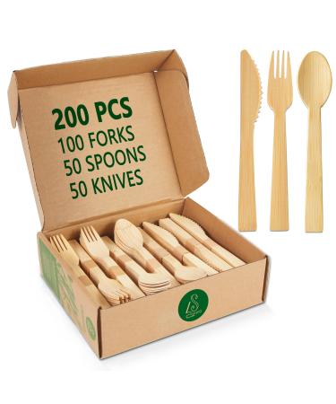 200-Piece Premium Bamboo Cutlery Set - Eco-Friendly Disposable Flatware Includes 100 Forks 50 Spoons 50 Knives - Natural Sturdy and Stylish Utensils for Parties Picnics and Events