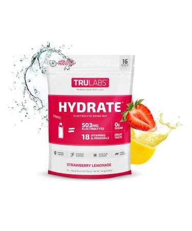 TruLabs Hydrate Strawberry Lemonade Hydration Electrolyte Powdered Drink Mix 1 Bag 16 sticks 0 Sugar 5 Calories 503mg Electrolytes Vitamins B1 B2 B3 B5 B6 B12 C D Zinc Selenium Magnesium Strawberry Lemonade 0.12 Ounce (Pack of 16)