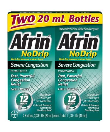 Afrin No Drip 12-Hour Pump Mist, Severe Congestion - 2 Pumps Each 2/3 Oz - Total 1.33 Oz