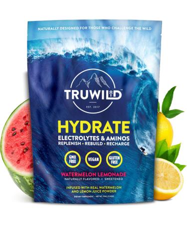 TRUWILD Hydrate Vegan Electrolyte + Amino Acid Drink Mix Powder – Clean Sugar-Free Post-Workout Muscle Recovery & Immune Support Supplement w/ Magnesium – Non GMO – 20 Servings (Watermelon Lemonade)