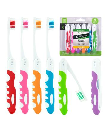 Travel Toothbrush, Portable Toothbrush Built in Cover, Travel Size Toothbrush for Hiking, Camping, and Traveling, Folding Toothbrushes, Collapsible Multi Color Travel Toothbrush Kit (6 Pack-Soft) 6 Count (Pack of 1) Soft