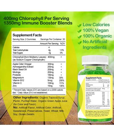 Organic Chlorophyll Gummies with Ashwagandha, Black Seed Oil, Apple Cider Vinegar, Moringa, Probiotic - 2 Pack for Body Odor, Natural Deodorant, Energy, Digestion, Skin & Hair - 120 Ct - Buy Online on GoSupps.com