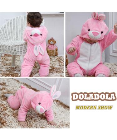 Doladola Baby Hooded Romper Onesie | Unisex Animal Jumpsuit for 0-3 Months | Pink Rabbit Design | Autumn Winter Outfit - Buy Online on GoSupps.com