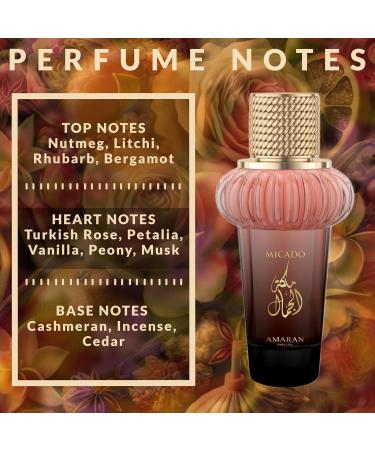 AMARAN Micado Malikat al Jamal Women s Eau de Parfum (EDP) 3.4 FL. Oz (100ml) Women s Perfume with Notes of Nutmeg Litchi Rhubarb Bergamot Turkish Rose Petalia Vanilla Peony Musk Cashmeran - Buy Online on GoSupps.com