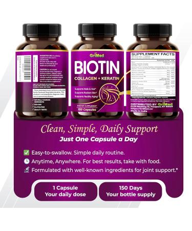 GriMed BIOTIN with Collagen + Keratin 7 275mg Strong Nails & Hair Radiant Skin Healthy Aging (150 Count (Pack of 1)) - Buy Online on GoSupps.com