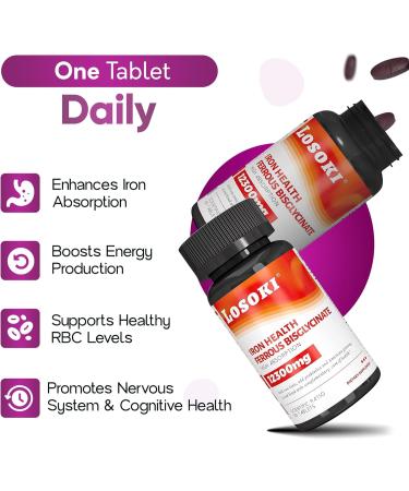 Losoki Iron Bisglycinate 20 mg with Vitamin C B12 American Ginseng & Probiotics Gentle on The Stomach Supports Energy & Iron Deficiency - Non GMO 60 Tablets - Buy Online on GoSupps.com