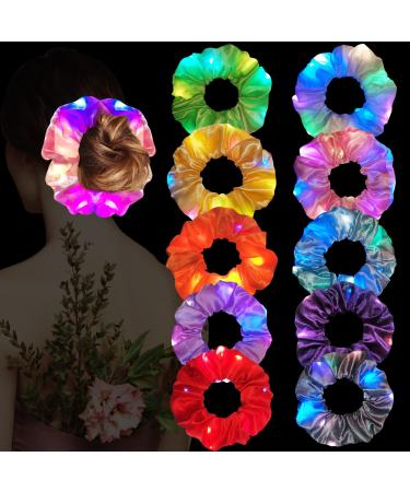 10 Pcs LED Hair Scrunchies  Anglecai 10 Colors Led Glow Hair Bands Light Up Hair Scrunchies Glow in the Dark Elastic Hair Ties Ropes with 3 Light Modes Light Up Scrunchy for Women Girls