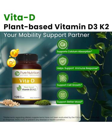 Pure Nutrition Vita D3 K2 - Plant Based Vitamin D3 K2 Supplement | 120 Tabs | Vitamin D3 6000 IU | Vitamin K2 as MK7 100mcg | Vitamin K2 D3 | Non GMO | - Buy Online on GoSupps.com